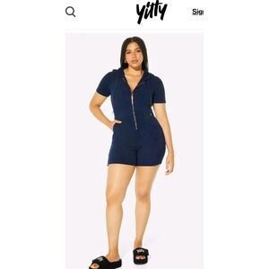 YITTY - Pet Me Heart Pocket Short One Piece Terry Jumpsuit NWT Navy $94 Large